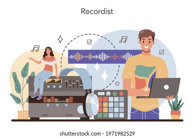 Sound engineer concept. Music production industry, sound recording with a studio equipment. Creator of a soundtrack. Vector illustration in cartoon style