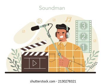 Sound engineer concept. Music production industry, sound recording with a studio equipment. Soundtrack creator or recorder. Vector illustration in cartoon style