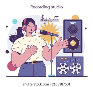 Concepto de ingeniero de sonido. Industria de producción musical, grabación de sonido con equipo de mezcla de estudio. Creador o grabador de banda sonora. Ilustración vectorial plana