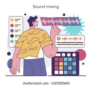 Sound engineer concept. Music production industry, sound recording with a studio mixing equipment. Soundtrack creator or recorder. Flat vector illustration