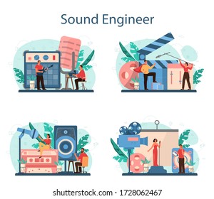 Sound engineer concept set. Music production industry, sound recording studio equipment. Creator of a movie soundtrack. Vector illustration in cartoon style