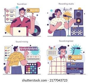 Sound engineer concept set. Music production industry, sound recording with a studio mixing equipment. Soundtrack creator or recorder. Flat vector illustration