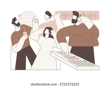Engenheiro de som isolou ilustrações vetoriais de desenhos animados. Engenheiro de áudio ajustando o som em boate, negócios de entretenimento, profissionais, serviços de mixagem de música vetor cartoon.