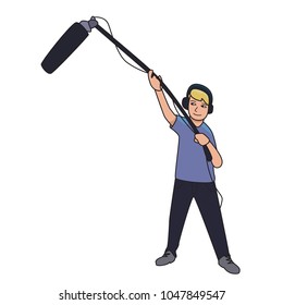 Sound engineer, journalist with a microphone on a long stick. Cartoon vector illustration, isolated on white background.