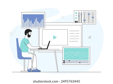 Sound engineer with laptop. Guy at workplace makes music and masters track. Freelancer and remote worker. Musician makes money on Internet. Linear vector illustration isolated on white background