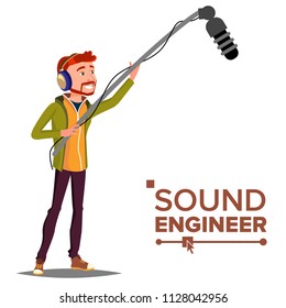 Sound Engineer Man Vector. Audio Recording Process. Journalist. Microphone. Isolated Cartoon Illustration