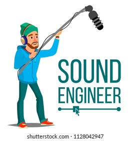 Sound Engineer Man Vector. Journalism Television Concept. Professional Videography Studio. Isolated Cartoon Illustration
