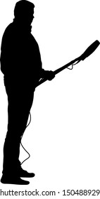 Sound engineer with a microphone in his hand. Silhouettes on white background