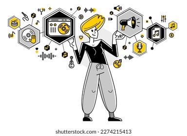 Sound engineer mixing new song in audio recording studio, vector outline illustration of a musician composer doing his job producing new beat.