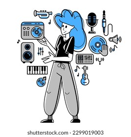 Sound engineer mixing new song in audio recording studio, vector outline illustration of a musician composer doing his job producing new beat.