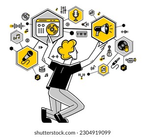 Sound engineer mixing new song in audio recording studio, vector outline illustration of a musician composer doing his job producing new beat.