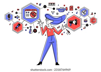 Sound engineer mixing new song in audio recording studio, vector outline illustration of a musician composer doing his job producing new beat.