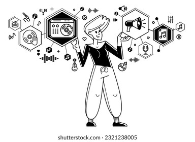 Sound engineer mixing new song in audio recording studio, vector outline illustration of a musician composer doing his job producing new beat.