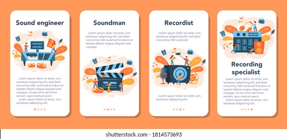 Sound engineer mobile application banner set. Music production industry, sound recording studio equipment. Creator of a movie soundtrack. Vector illustration in cartoon style