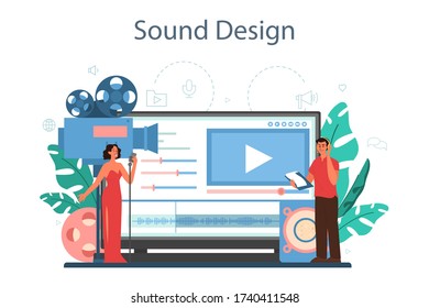 Sound engineer online service or platform. Music production industry, sound recording studio equipment. Sound design. Vector illustration