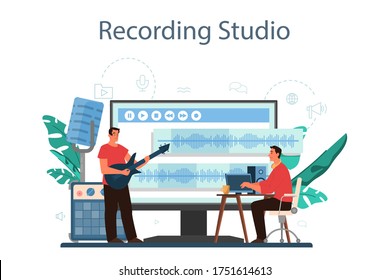 Sound engineer online service or platform. Music production industry, sound recording studio equipment. Recording studio. Vector illustration