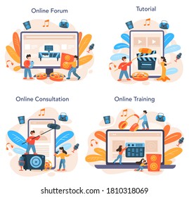 Sound Engineer Online Service Or Platform Set. Music Production Industry, Sound Recording Studio Equipment. Online Consultation, Forum, Tutorial, Training. Vector Illustration In Cartoon Style