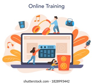 Sound engineer online service or platform. Music production industry, sound recording studio equipment. Online training. Vector illustration in cartoon style