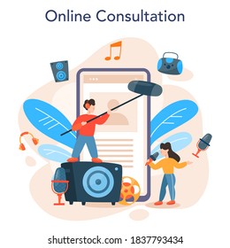 Sound engineer online service or platform. Music production industry, sound recording studio equipment. Online consultation. Vector illustration in cartoon style