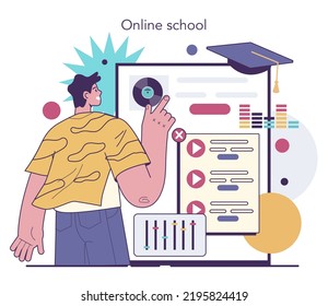 Sound engineer online service or platform. Music production industry, sound recording with a studio mixing equipment. Online school. Flat vector illustration