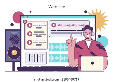 Servicio o plataforma de ingeniería de sonido en línea. Industria de producción musical, grabación de sonido con equipo de mezcla de estudio. Sitio web. Ilustración vectorial plana