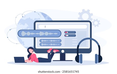 Sound engineer online. Woman with laptop near huge headphones and computer monitor. Recording studio worker processes songs and melodies. Music production. Flat vector illustration