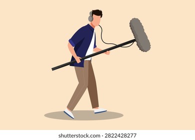 Sound engineer operating a boom microphone during filming. Behind the scenes flat vector illustration.Behind the scene concept. Colored flat graphic vector ilustration isolated