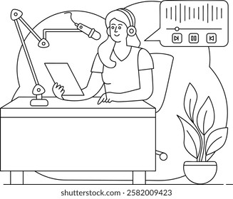 Sound engineer preparing new Episode vector design, Podcast slice of life journalism sign, Web television series symbol, audio blog journals illustration, podcasters Tech Driven Workspace concept