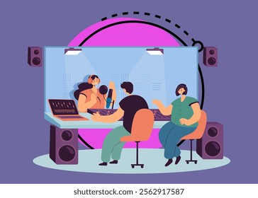 Sound engineer sitting on chair at desk with mixing console working in studio. Female radio presenter with headphones and mic behind glass window flat vector illustration. Sound production concept