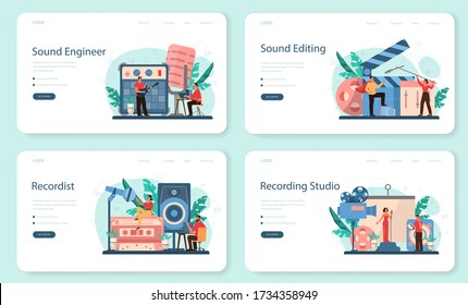 Sound engineer web banner or landing page set. Music production industry, sound recording studio equipment. Creator of a movie soundtrack. Vector illustration in cartoon style