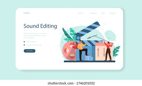 Sound engineer web banner or landing page. Music production industry, sound recording studio equipment. Creator of a movie soundtrack. Vector illustration in cartoon style