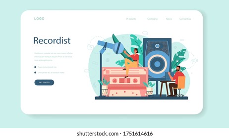 Sound engineer web banner or landing page. Music production industry, sound recording studio equipment. Creator of a movie soundtrack. Vector illustration in cartoon style