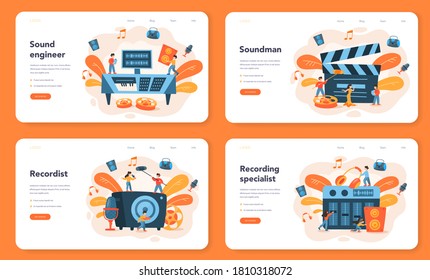 Sound engineer web banner or landing page set. Music production industry, sound recording studio equipment. Creator of a movie soundtrack. Vector illustration in cartoon style