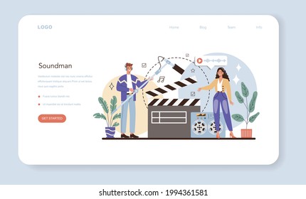 Sound engineer web banner or landing page. Music production industry, sound recording with a studio equipment. Creator of a soundtrack. Vector illustration in cartoon style