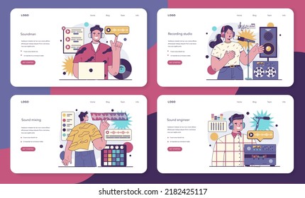 Sound engineer web banner or landing page set. Music production industry, sound recording with a studio mixing equipment. Soundtrack creator or recorder. Flat vector illustration