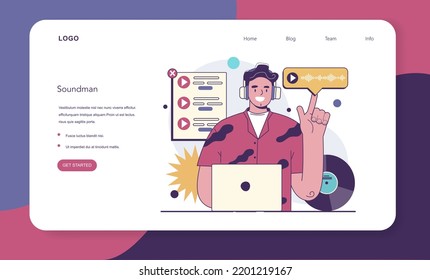 Sound engineer web banner or landing page. Music production industry, sound recording with a studio mixing equipment. Soundtrack creator or recorder. Flat vector illustration