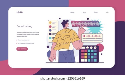 Sound engineer web banner or landing page. Music production industry, sound recording with a studio mixing equipment. Soundtrack creator or recorder. Flat vector illustration