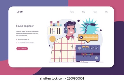 Sound engineer web banner or landing page. Music production industry, sound recording with a studio mixing equipment. Soundtrack creator or recorder. Flat vector illustration
