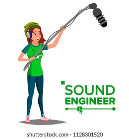 Sound Engineer Woman Vector. Professional Studio. Female With Microphone. Isolated Cartoon Illustration
