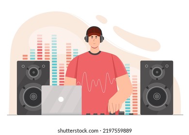 Sound Engineer At Work In Studio Vector Illustration. Cartoon Man Composer Working With Multimedia Software, Mixing And Composing Electronic Music With Digital Equipment. Audio Production Concept