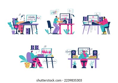 Sound engineers or designers characters at workplace collection, flat cartoon vector illustration isolated on white background. Music and audio creators and designers.