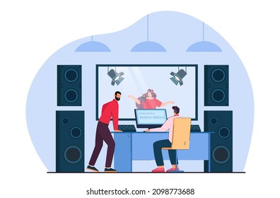 Sound engineers recording song of woman in studio control room. Persons sitting at desk with computer and equipment for soundtrack record flat vector illustration. Audio production, music concept