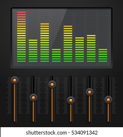 Sound equalizer with black vertical sliders. Vector illustration.