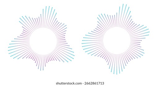 Sound equalizer icons with lines and dots, gradient neon circular sound wave frames, abstract radial music icons.
