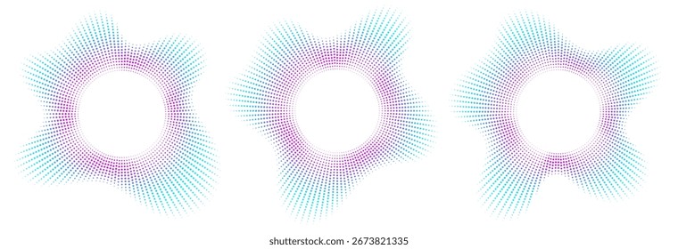 Iconos de ecualizador de sonido con líneas y puntos, marcos de ondas de sonido circulares de neón gradiente, iconos de música radial abstracta.