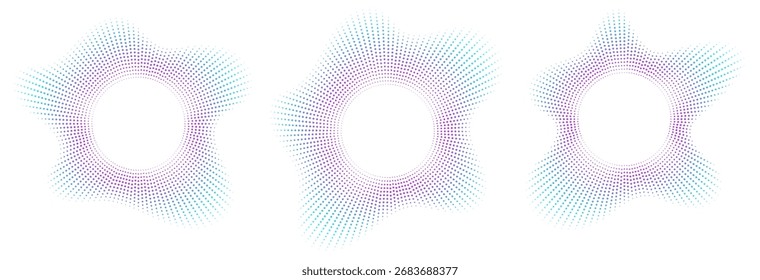 Sound equalizer icons with lines and dots, gradient neon circular sound wave frames, abstract radial music icons.