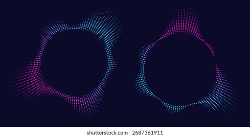 Iconos de ecualizador de sonido con líneas y puntos, marcos de ondas de sonido circulares de neón gradiente, iconos de música radial abstracta.
