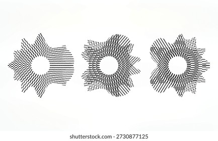 Iconos de ecualizador de sonido con líneas y puntos, marcos de ondas de sonido circulares de neón gradiente, iconos de música radial abstracta.