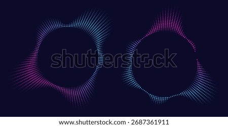 Sound equalizer icons with lines and dots, gradient neon circular sound wave frames, abstract radial music icons.