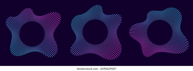 Sound equalizer icons with lines, gradient neon circular sound wave frames, abstract radial music icons.